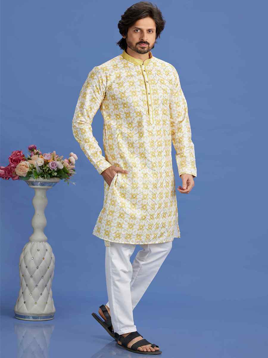 Yellow Cotton Embroidered Festival Party Kurta