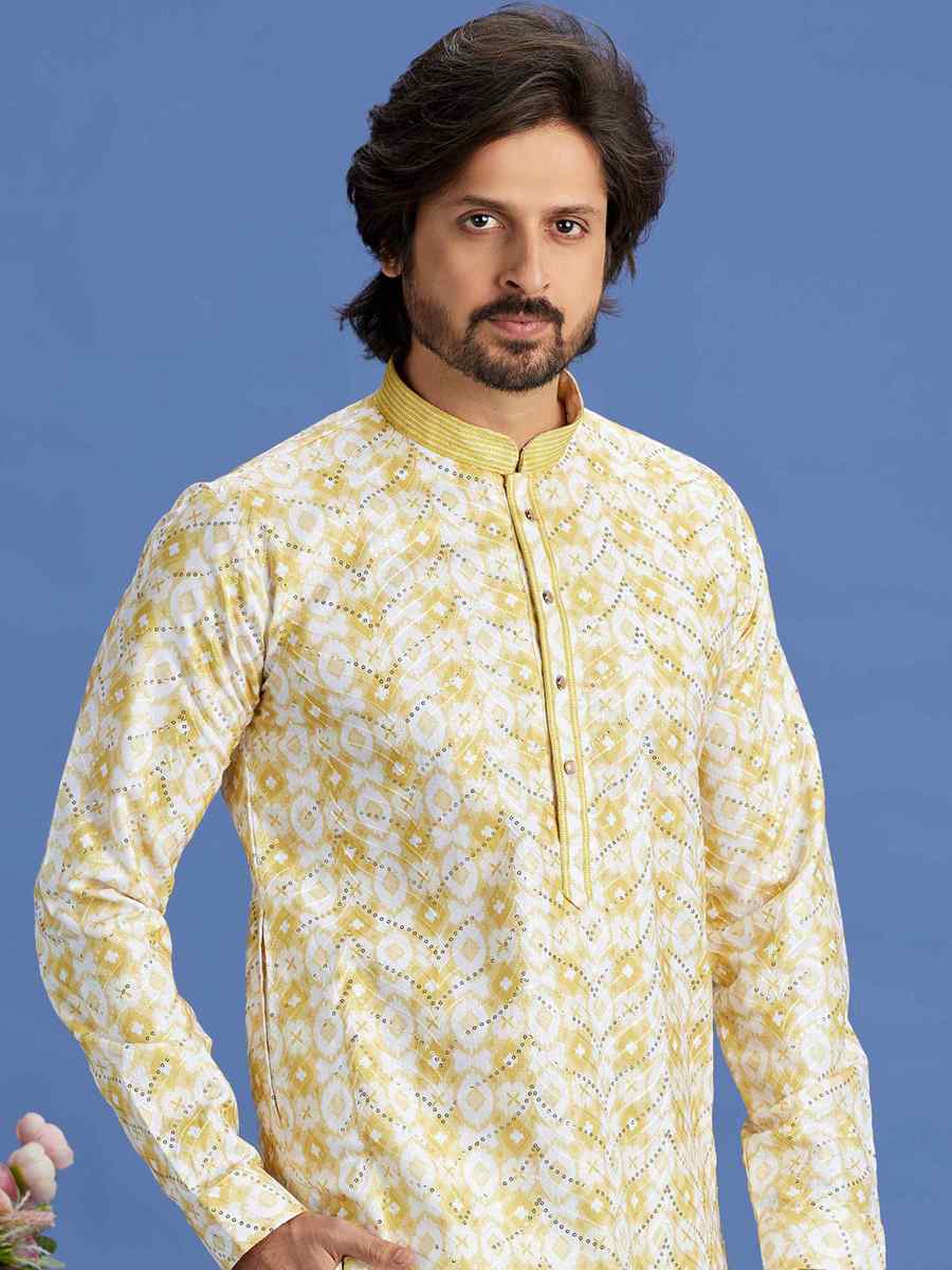 Yellow Cotton Embroidered Festival Party Kurta