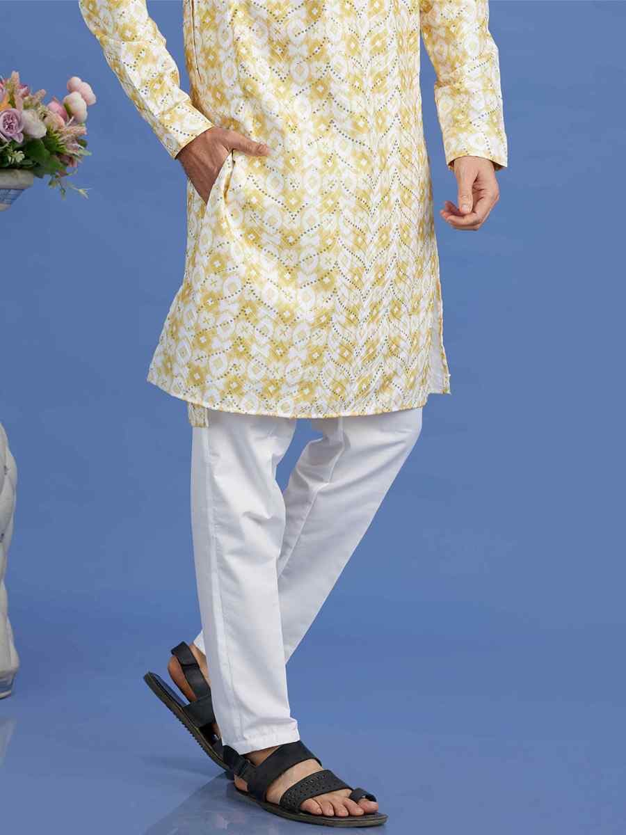 Yellow Cotton Embroidered Festival Party Kurta