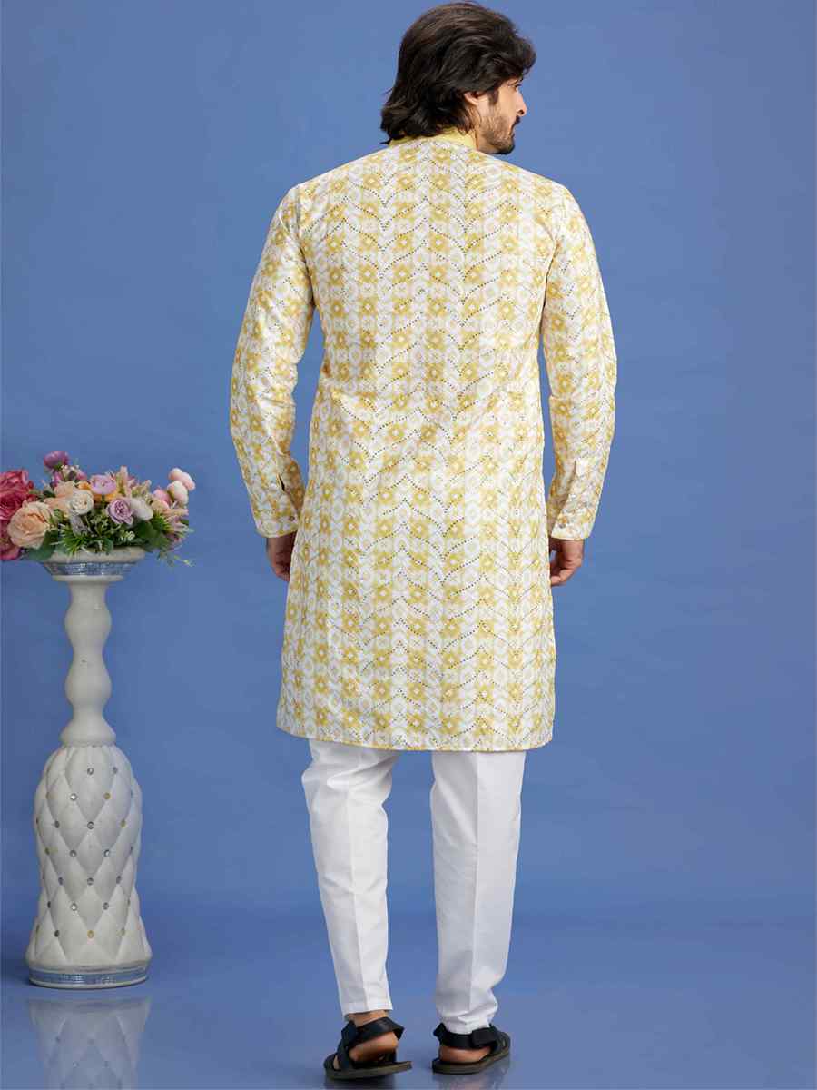 Yellow Cotton Embroidered Festival Party Kurta
