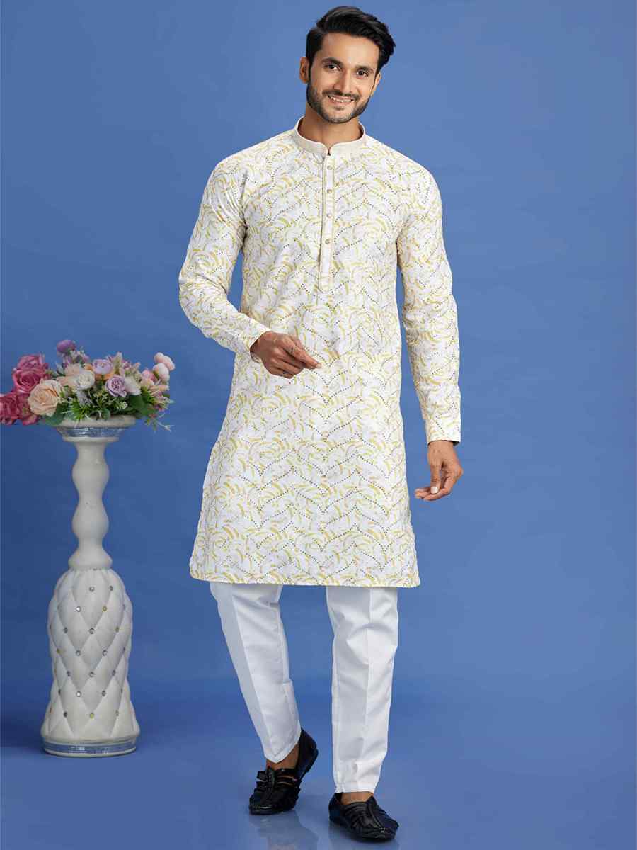 Yellow Cotton Embroidered Festival Party Kurta