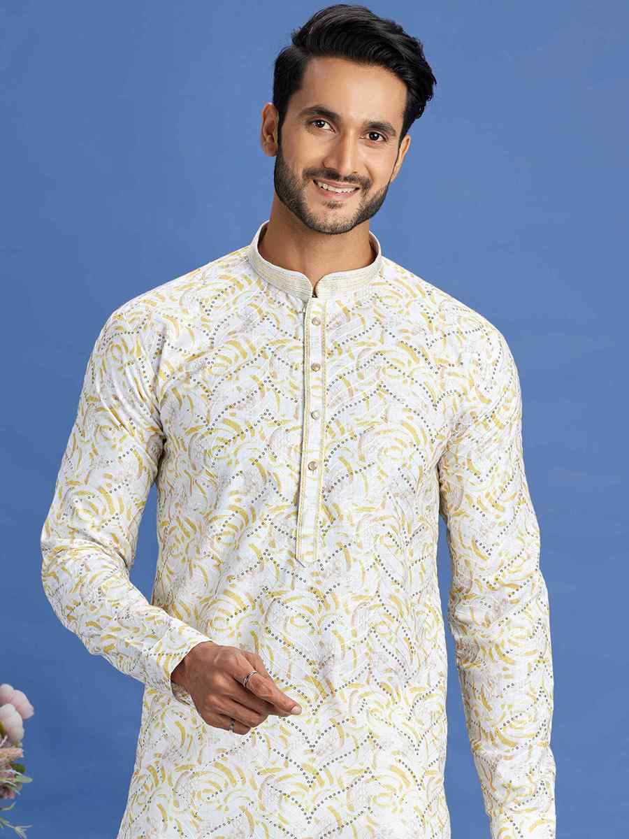 Yellow Cotton Embroidered Festival Party Kurta