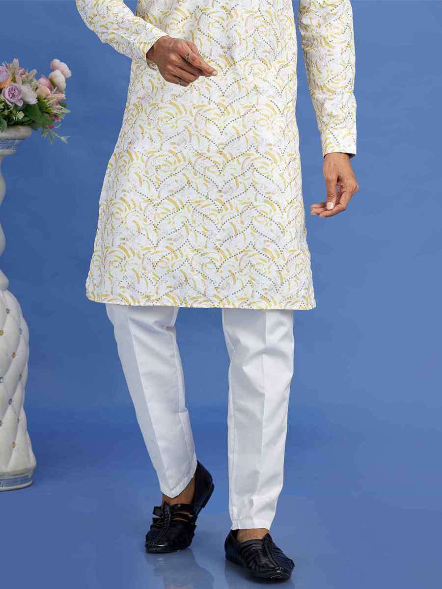 Yellow Cotton Embroidered Festival Party Kurta