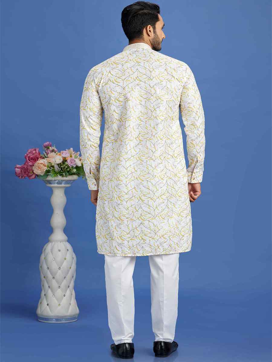 Yellow Cotton Embroidered Festival Party Kurta