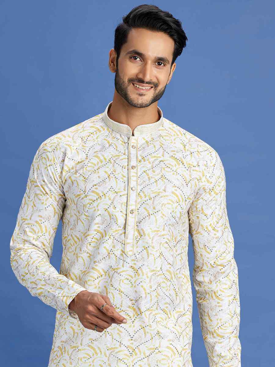 Yellow Cotton Embroidered Festival Party Kurta