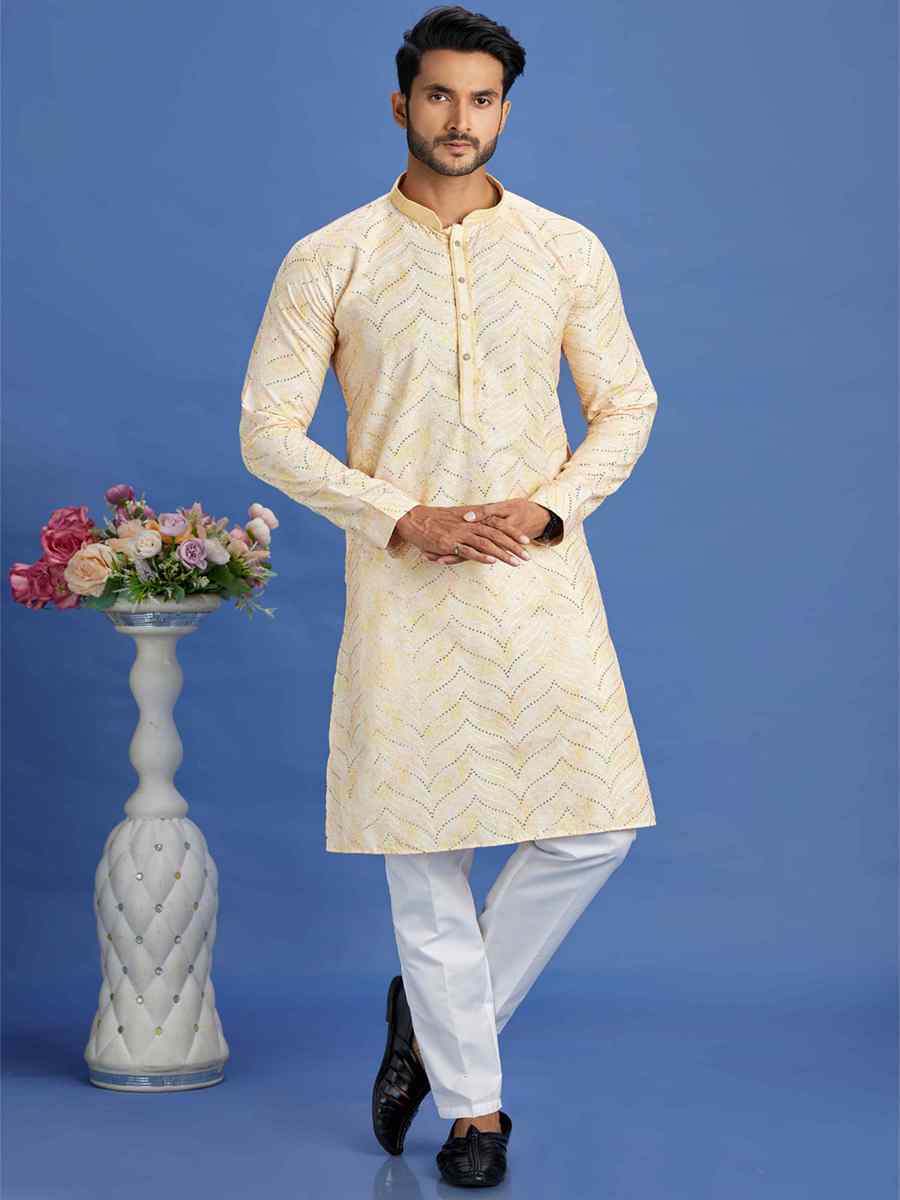 Yellow Cotton Embroidered Festival Party Kurta
