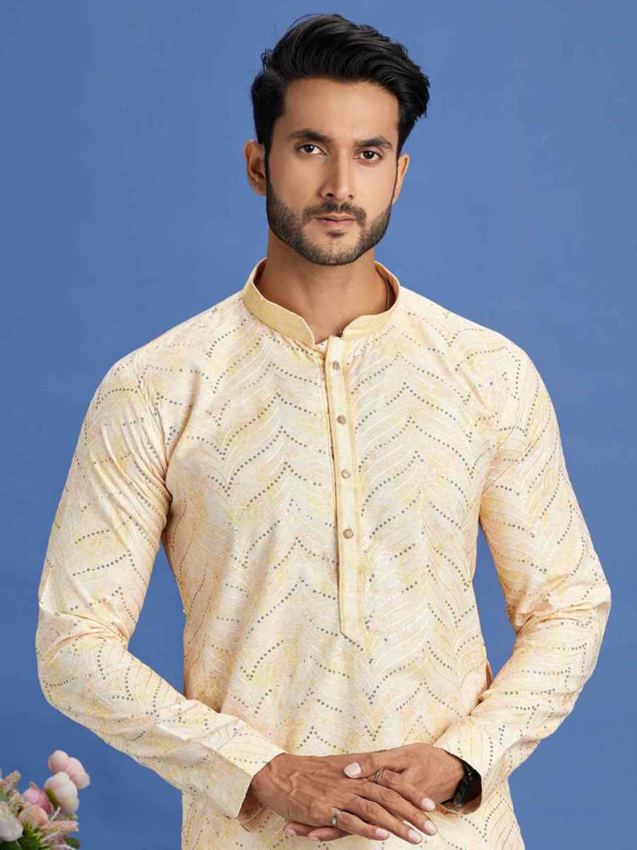 Yellow Cotton Embroidered Festival Party Kurta