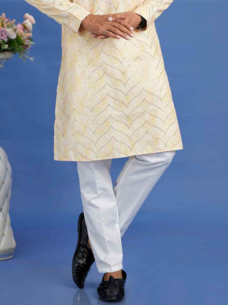 Yellow Cotton Embroidered Festival Party Kurta