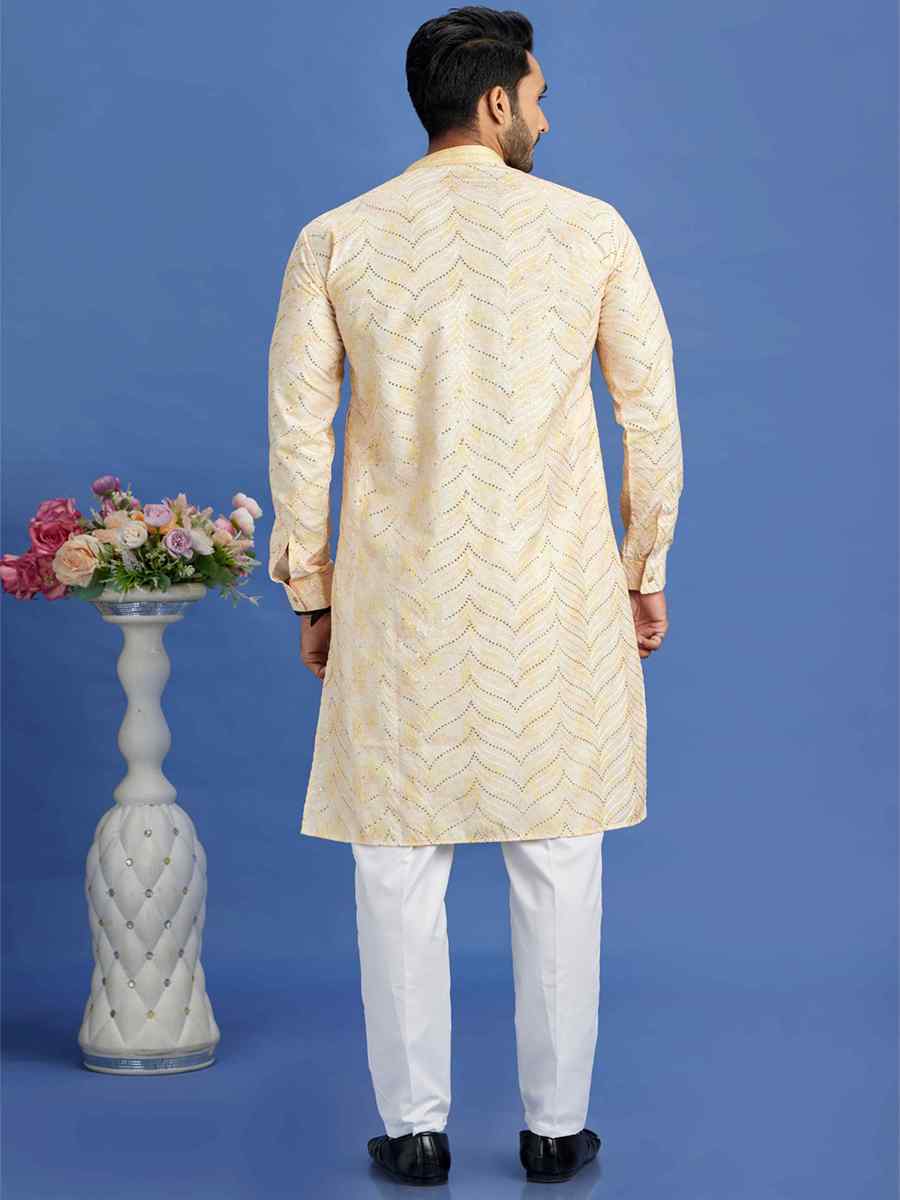 Yellow Cotton Embroidered Festival Party Kurta