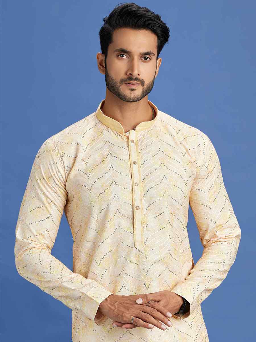 Yellow Cotton Embroidered Festival Party Kurta