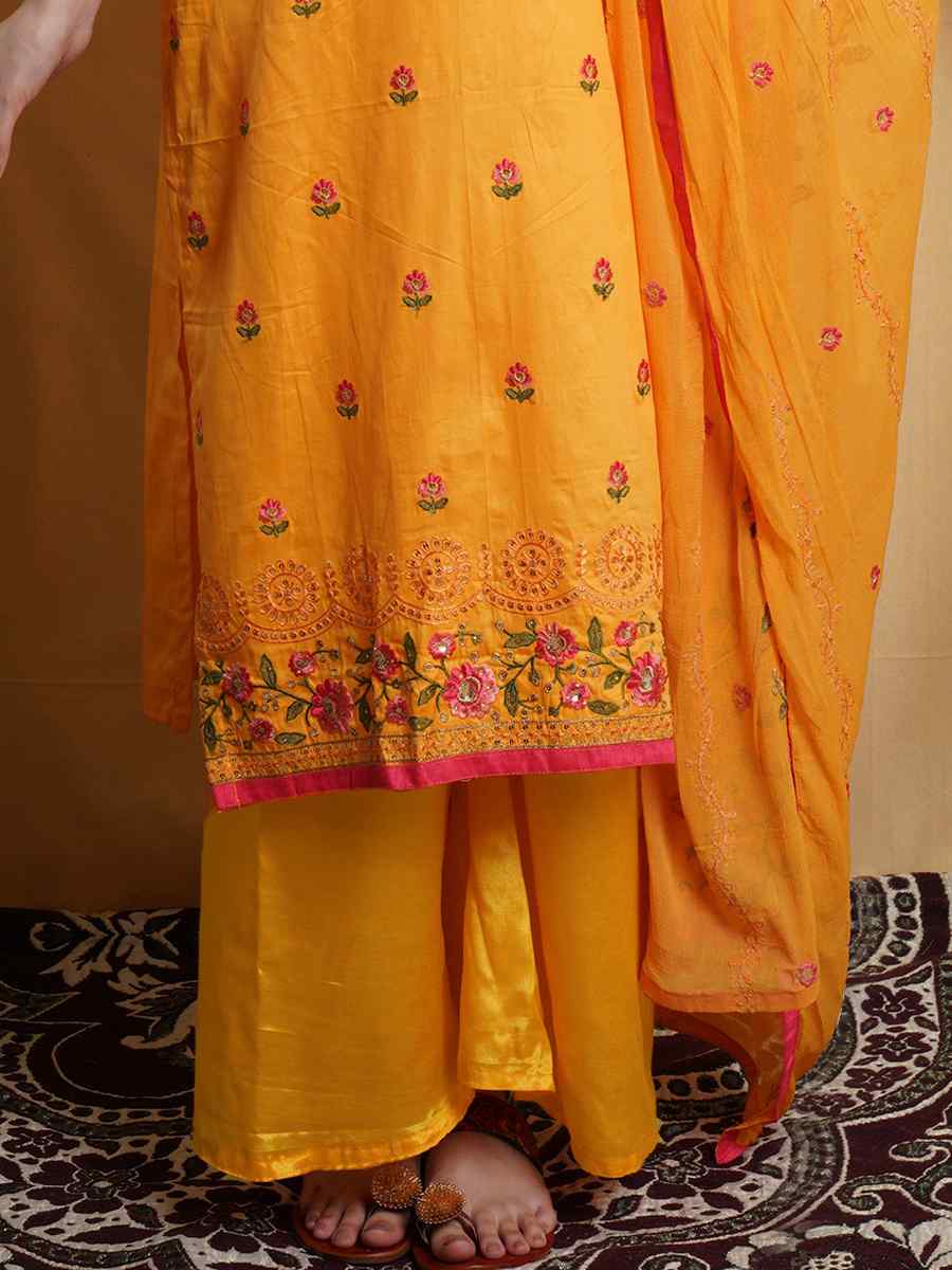 Yellow Cotton Embroidered Festival Wedding Palazzo Pant Salwar Kameez