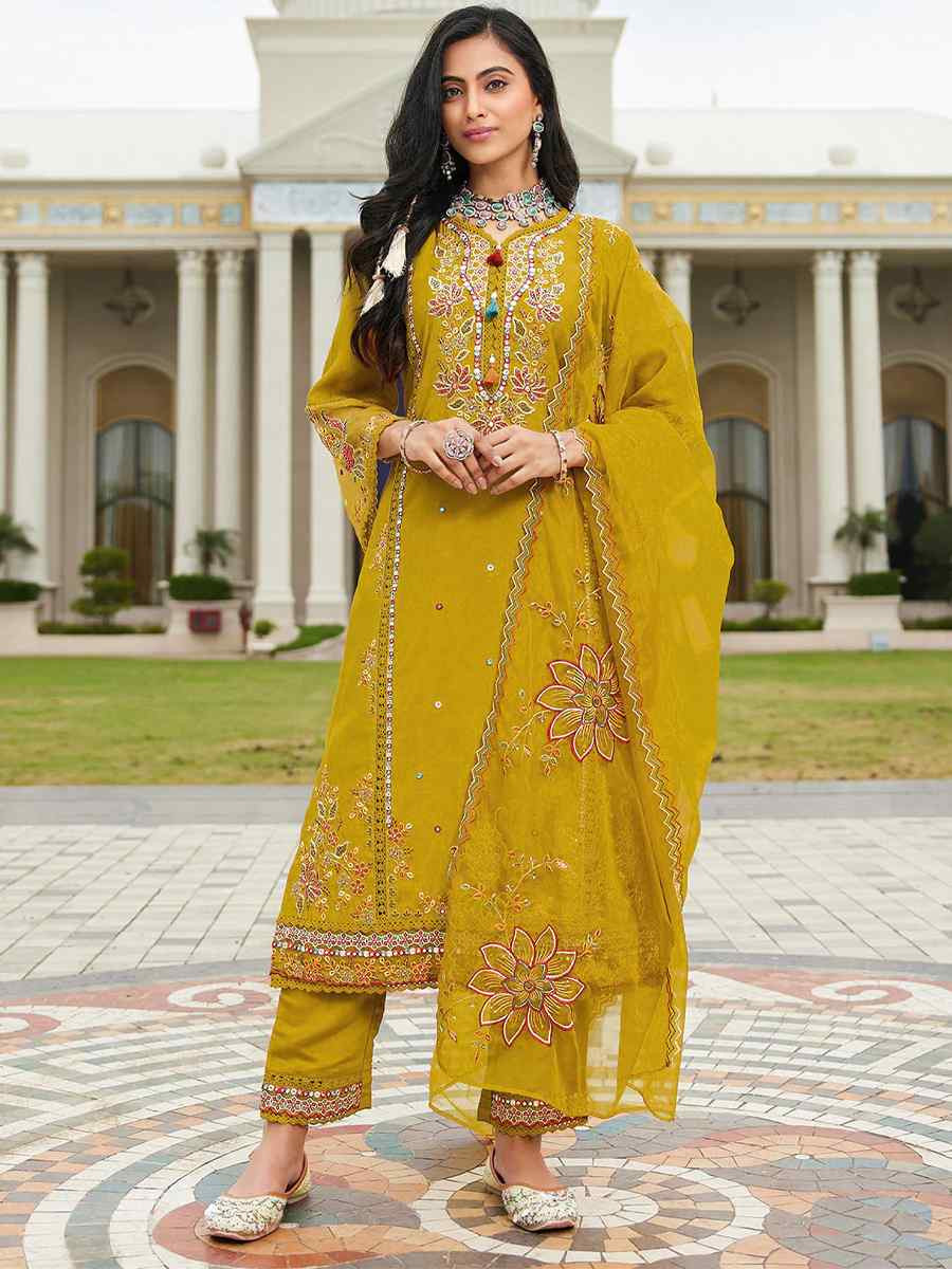 Yellow Cotton Embroidered Festival Wedding Pant Salwar Kameez