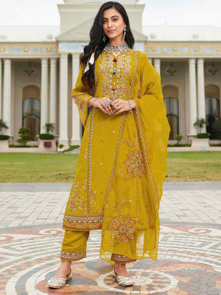 Image of Yellow Cotton Embroidered Festival Wedding Pant Salwar Kameez