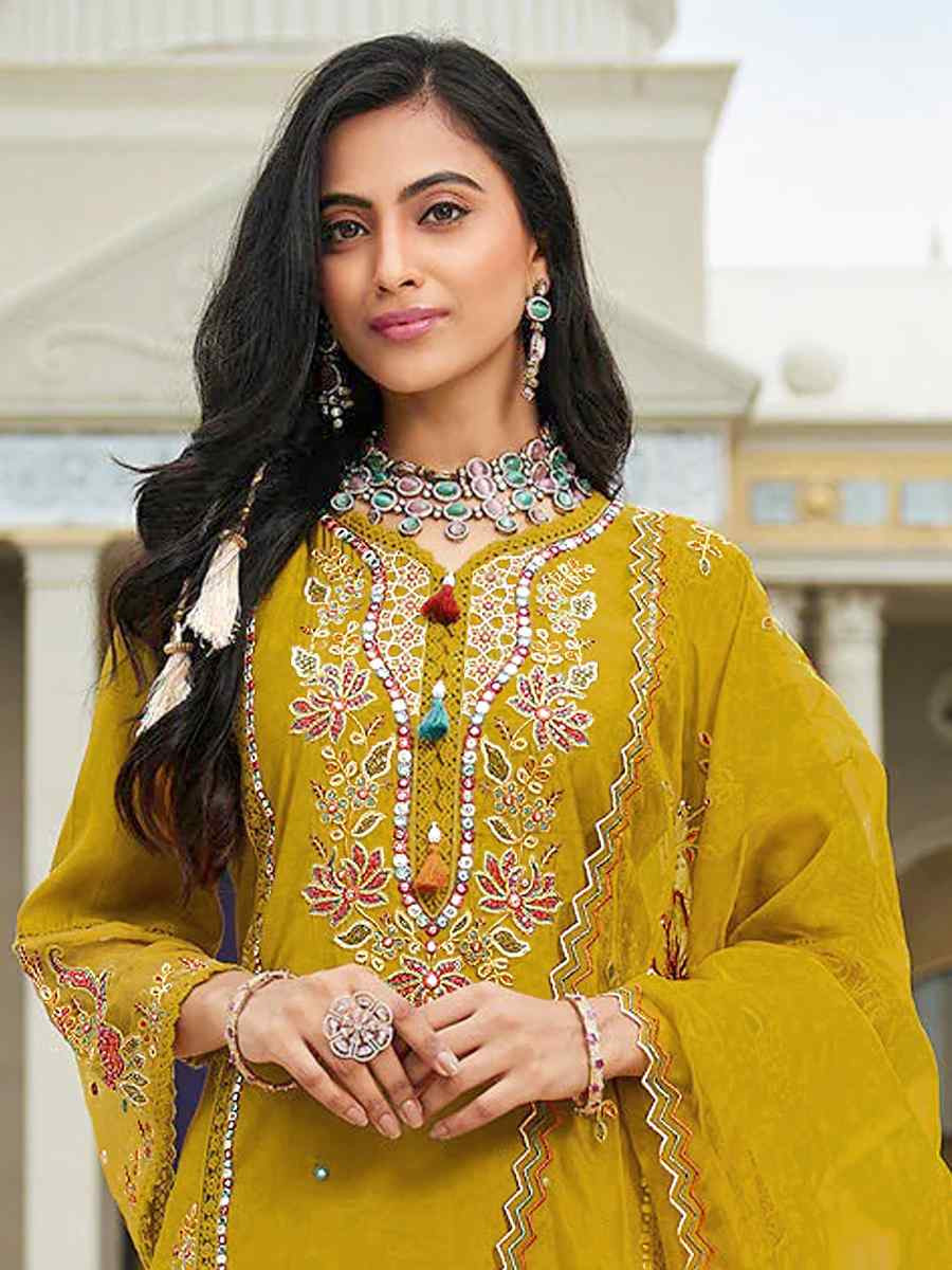 Yellow Cotton Embroidered Festival Wedding Pant Salwar Kameez