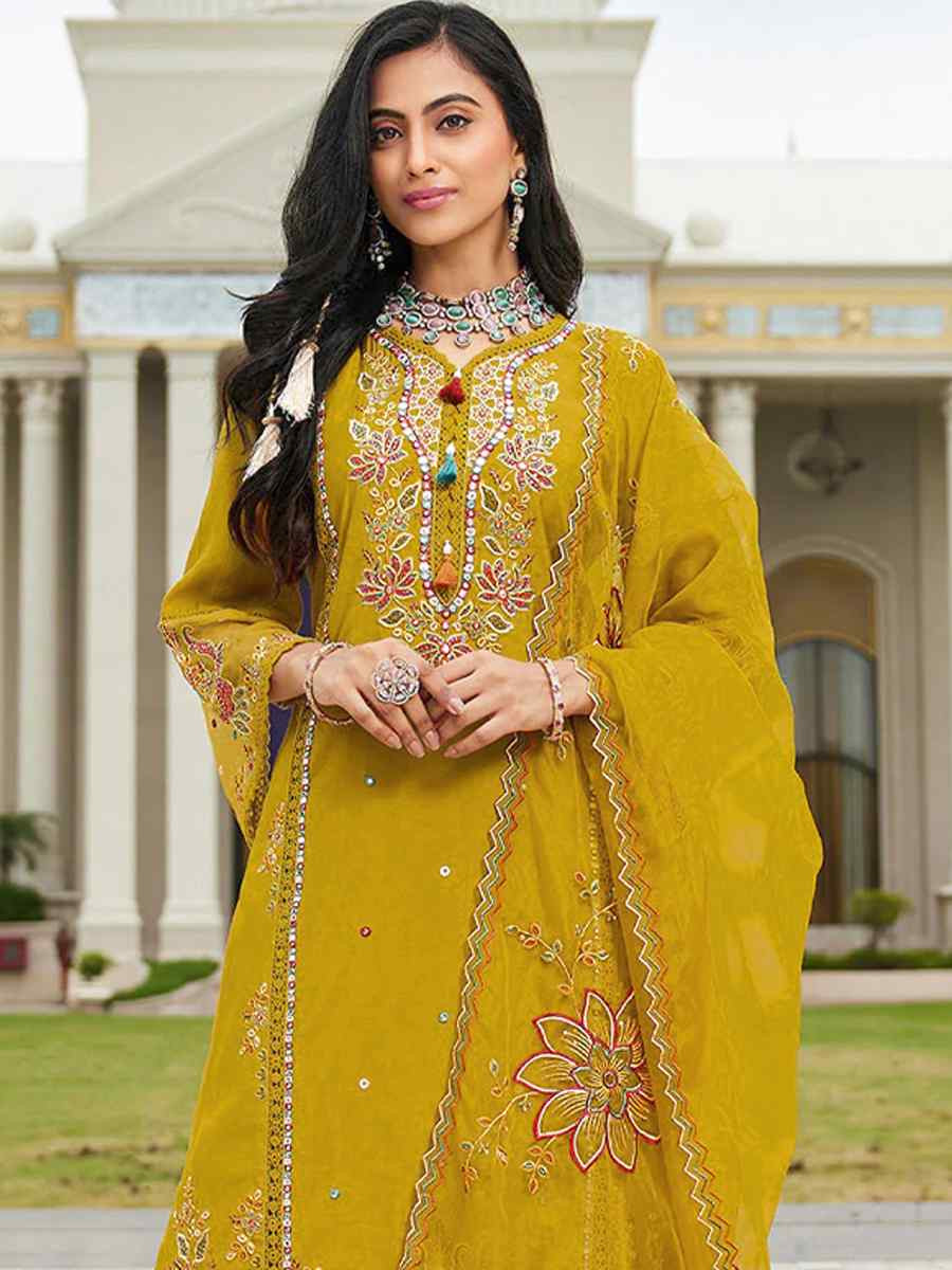 Yellow Cotton Embroidered Festival Wedding Pant Salwar Kameez