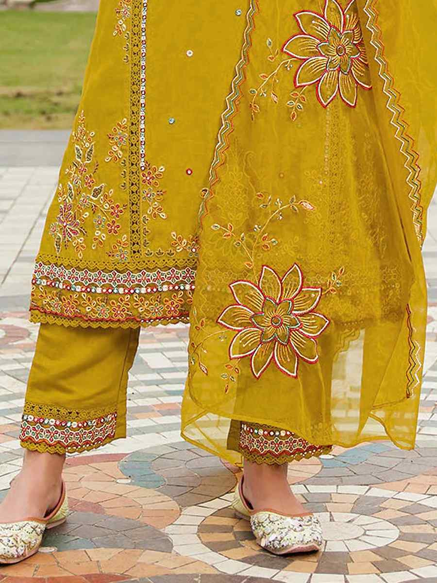 Yellow Cotton Embroidered Festival Wedding Pant Salwar Kameez