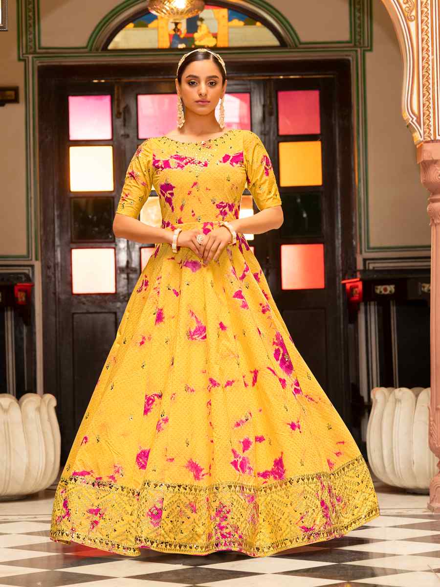 Yellow Cotton Embroidered Party Wedding Gown
