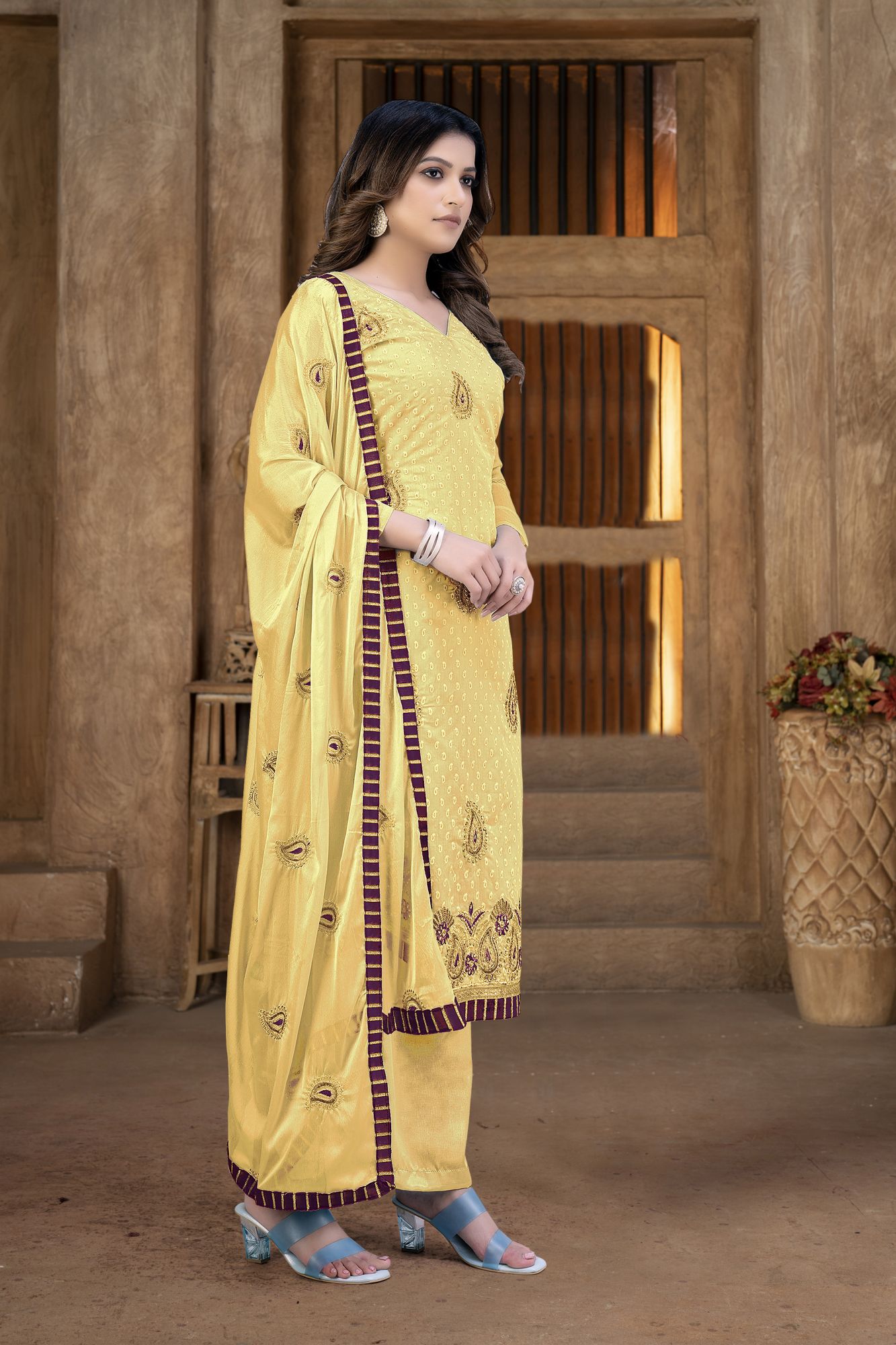 Yellow Cotton Embroidery Festival Party Pant Salwar Kameez