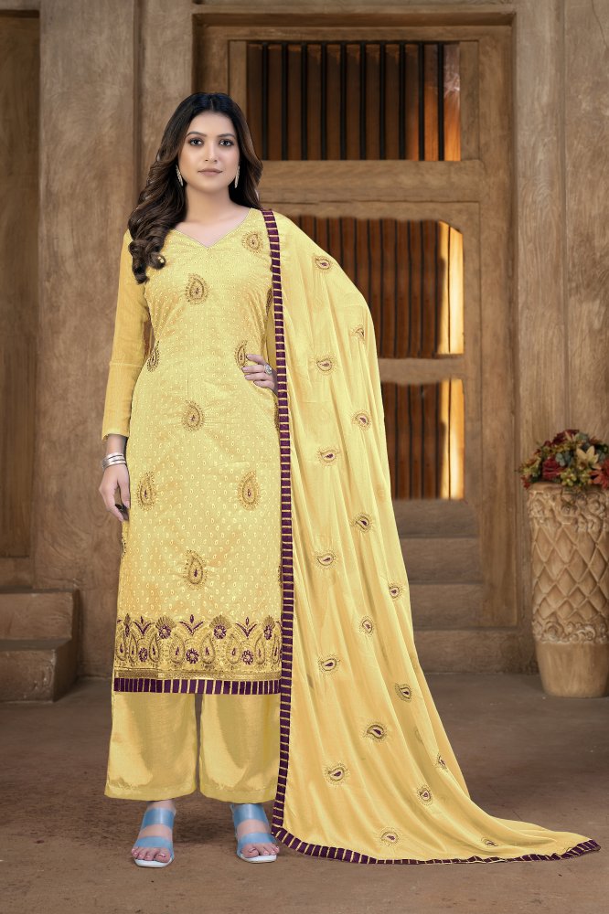 Yellow Cotton Embroidery Festival Party Pant Salwar Kameez