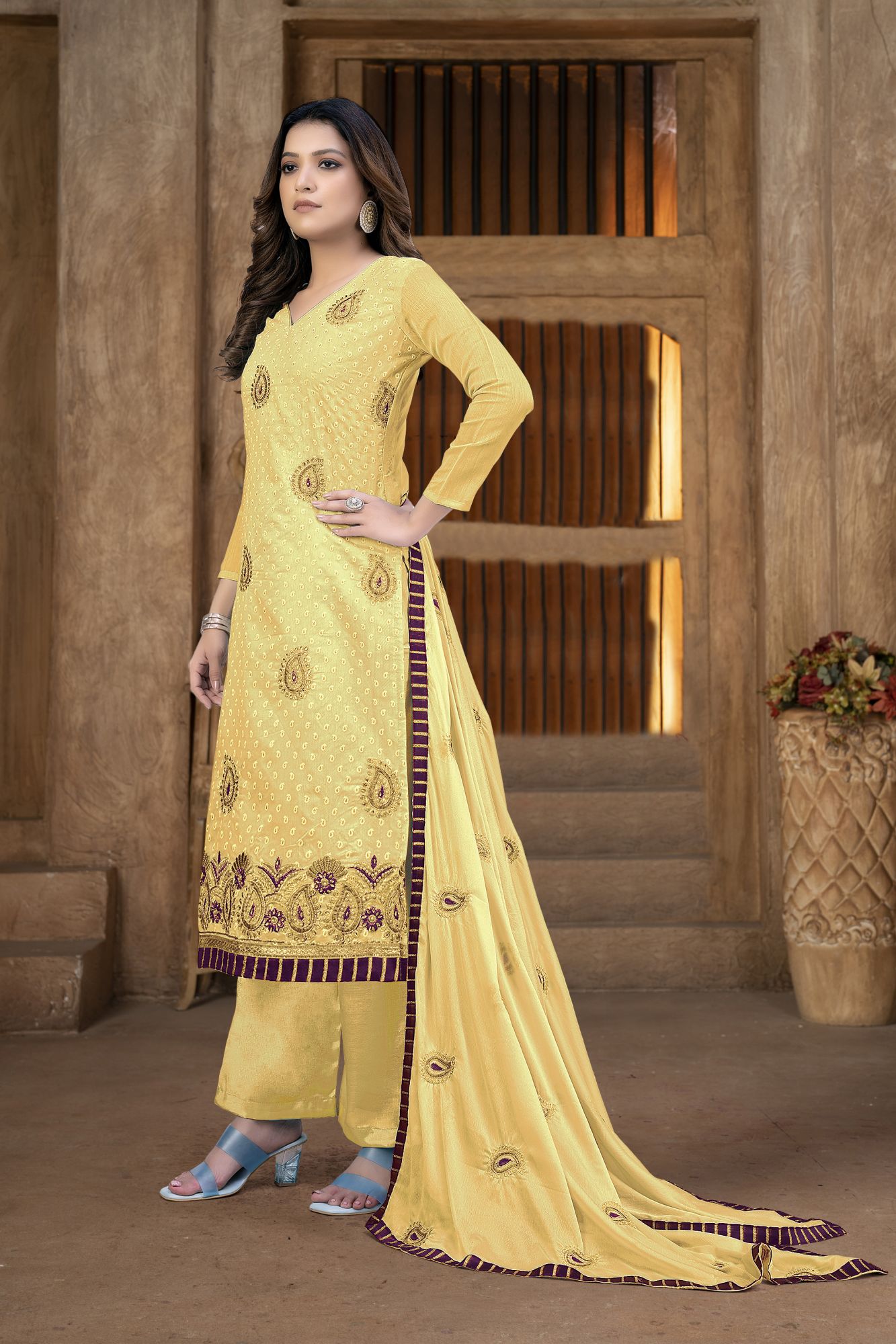 Yellow Cotton Embroidery Festival Party Pant Salwar Kameez