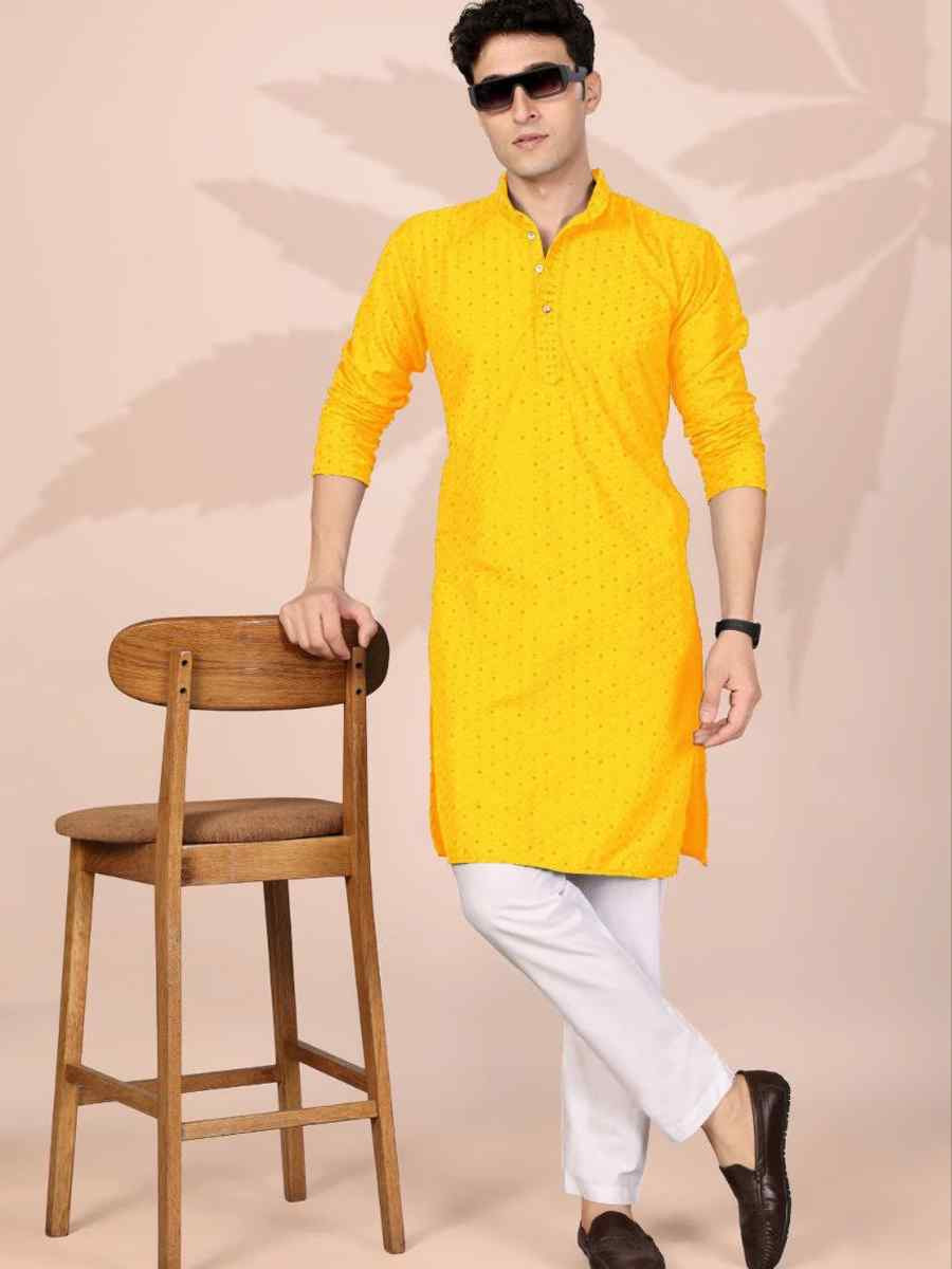 Yellow Cotton Embroidery Festival Wedding Party Mens Kurta