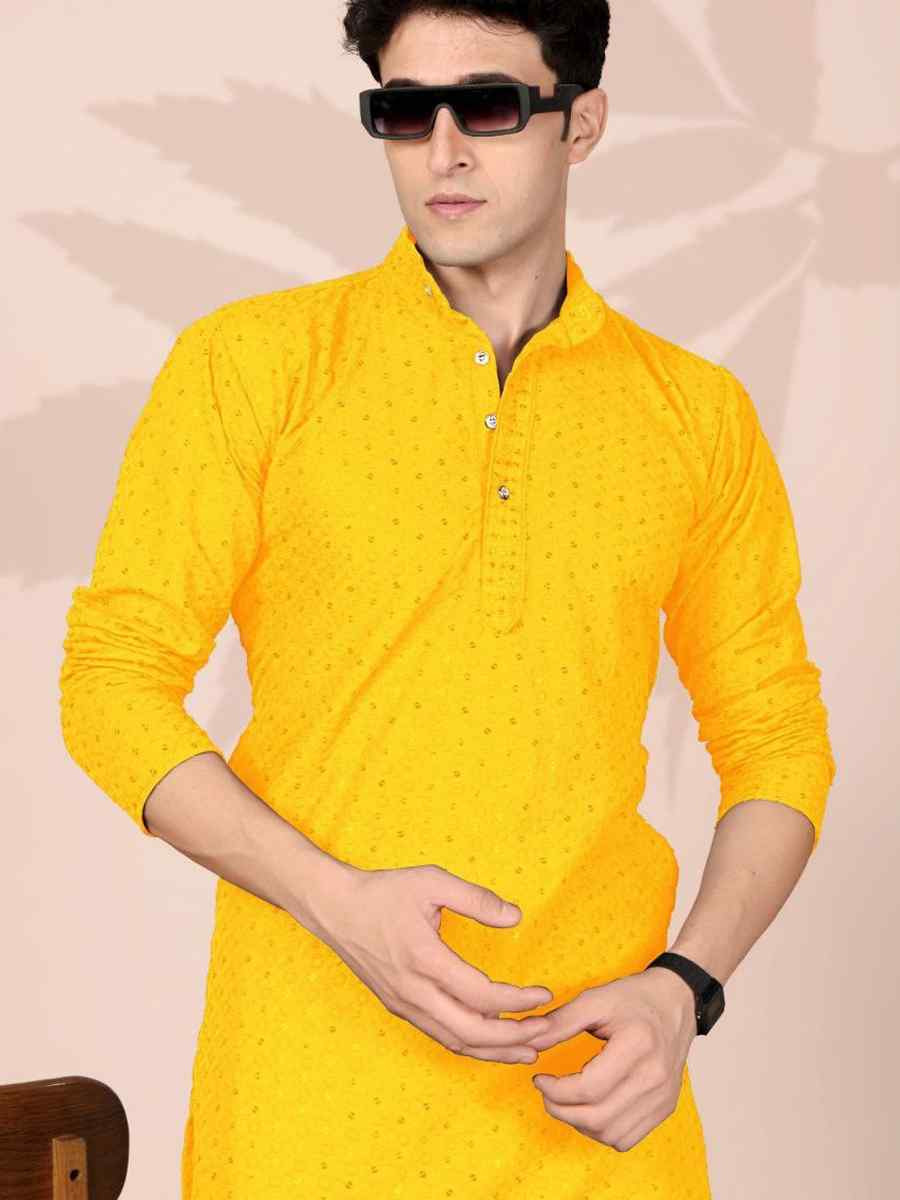 Yellow Cotton Embroidery Festival Wedding Party Mens Kurta