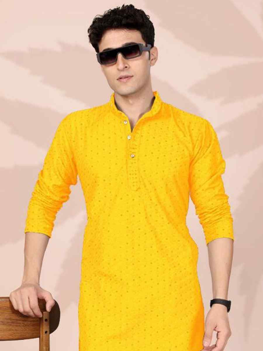 Yellow Cotton Embroidery Festival Wedding Party Mens Kurta