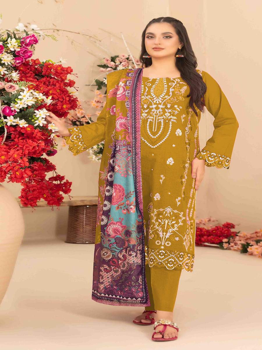 Yellow Cotton Embroidery Sequins Zari Wedding Party Festival Casual Pant Salwar Kameez