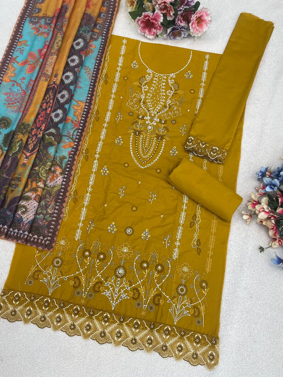 Yellow Cotton Embroidery Sequins Zari Wedding Party Festival Casual Pant Salwar Kameez