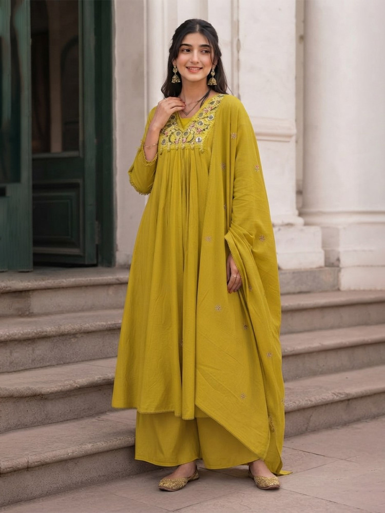 Image of Yellow Cotton Embroidery Wedding Party Festival Casual Ready Palazzo Pant Salwar Kameez