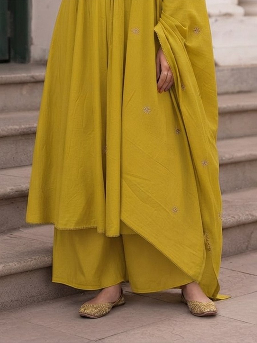Yellow Cotton Embroidery Wedding Party Festival Casual Ready Palazzo Pant Salwar Kameez