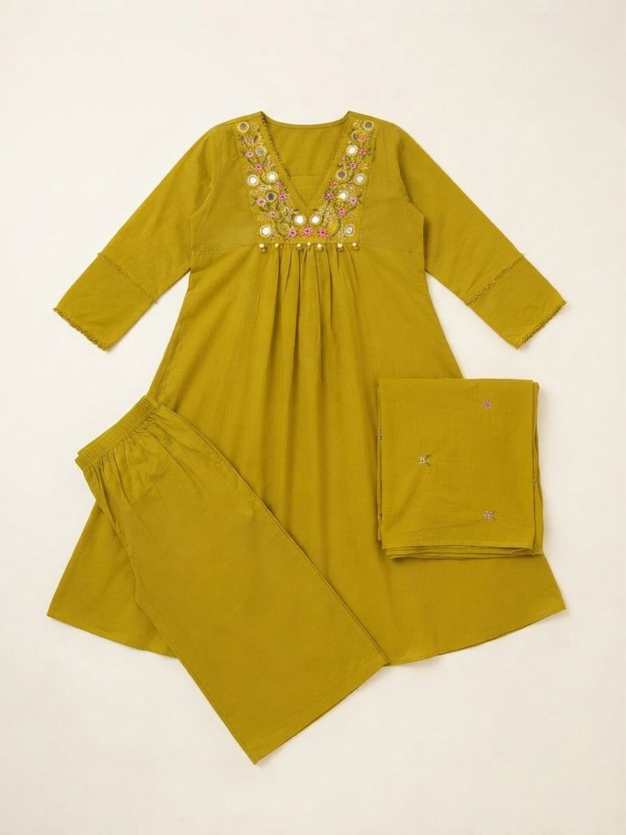 Yellow Cotton Embroidery Wedding Party Festival Casual Ready Palazzo Pant Salwar Kameez