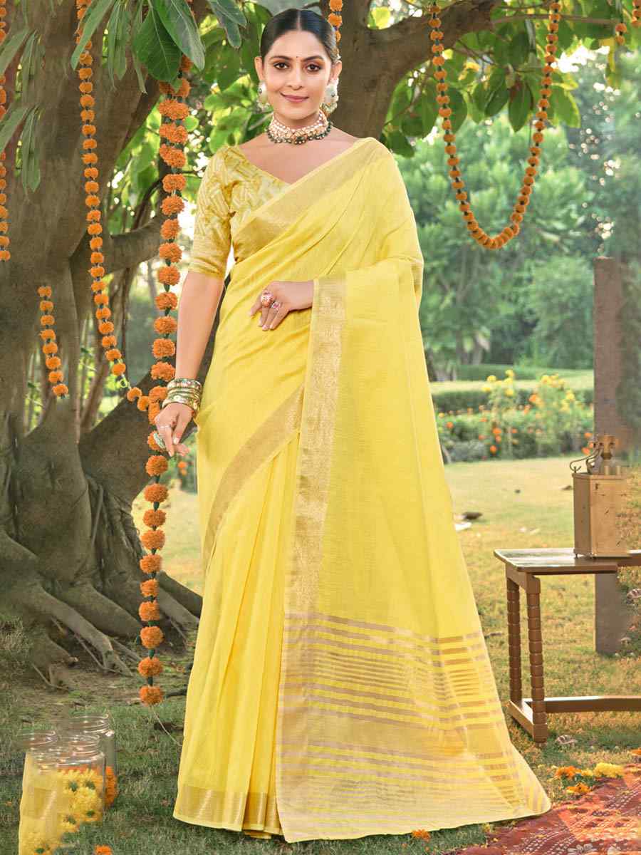 Yellow Cotton Handwoven Casual Festival Heavy Border Saree