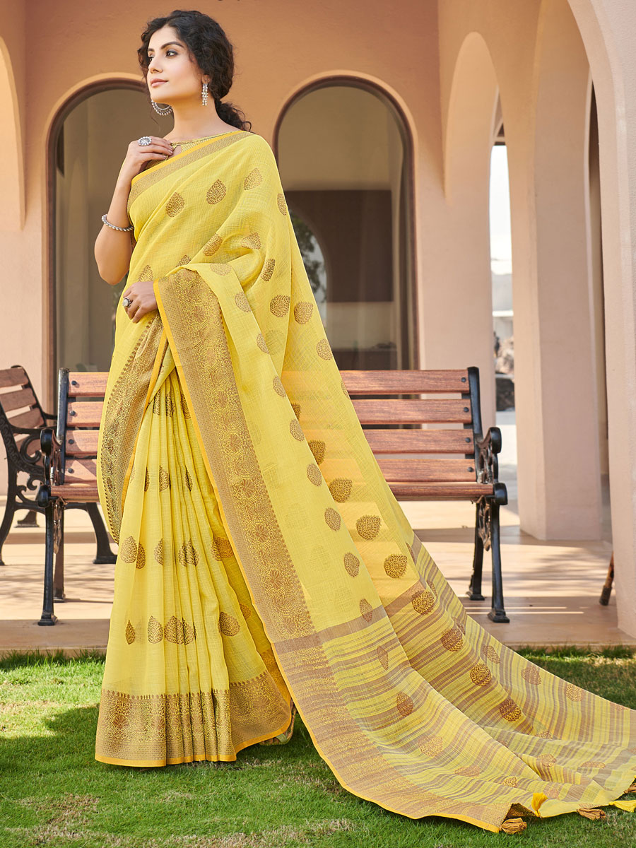 Yellow Cotton Handwoven Festival Saree