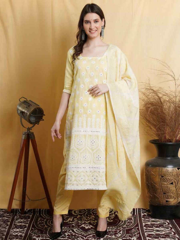 Yellow Cotton Handwoven Party Festival Pant Salwar Kameez