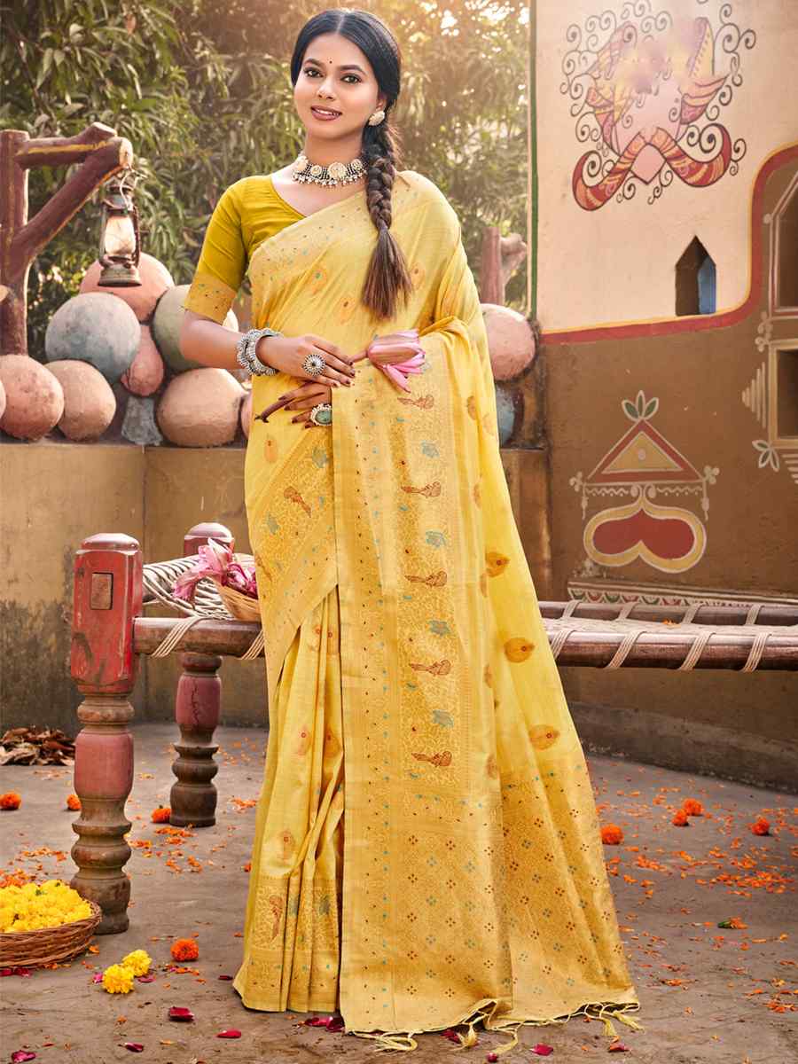 Yellow Cotton Handwoven Wedding Festival Heavy Border Saree