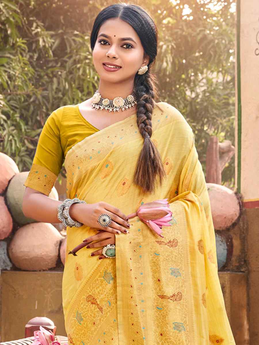 Yellow Cotton Handwoven Wedding Festival Heavy Border Saree