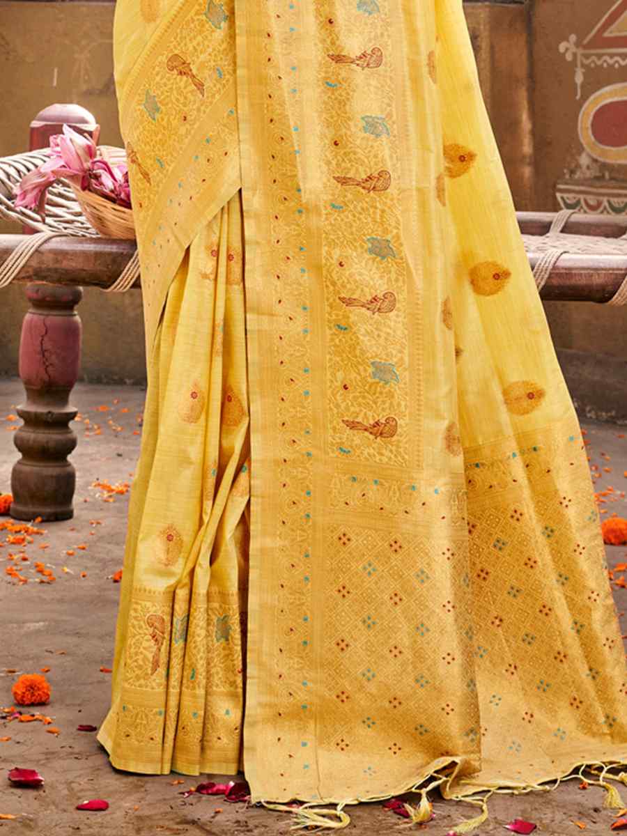 Yellow Cotton Handwoven Wedding Festival Heavy Border Saree