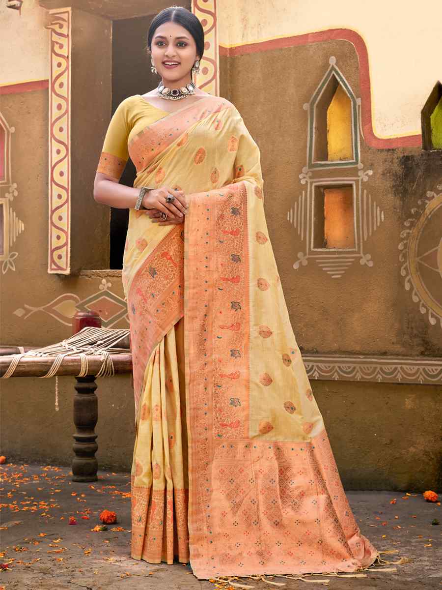 Yellow Cotton Handwoven Wedding Festival Heavy Border Saree