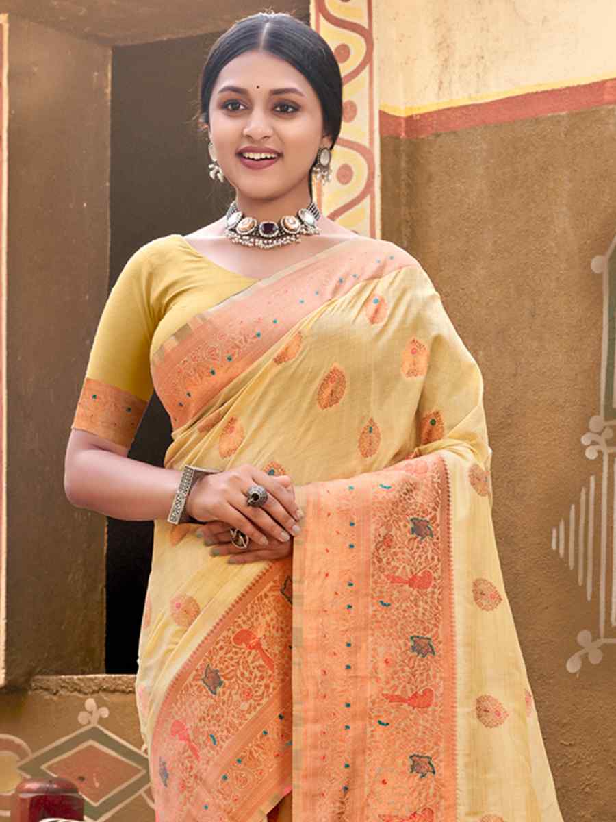 Yellow Cotton Handwoven Wedding Festival Heavy Border Saree