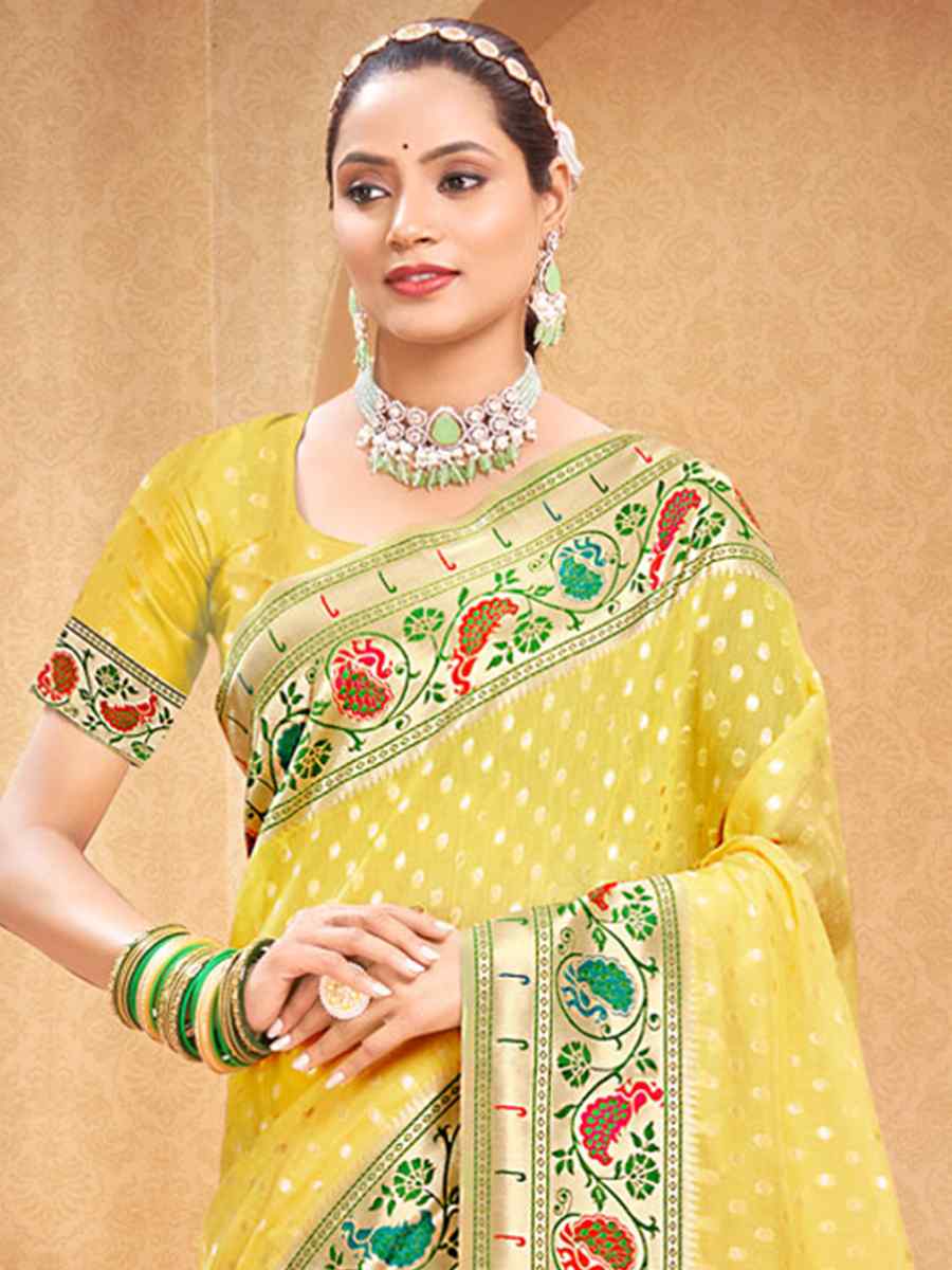 Yellow Cotton Handwoven Wedding Festival Heavy Border Saree