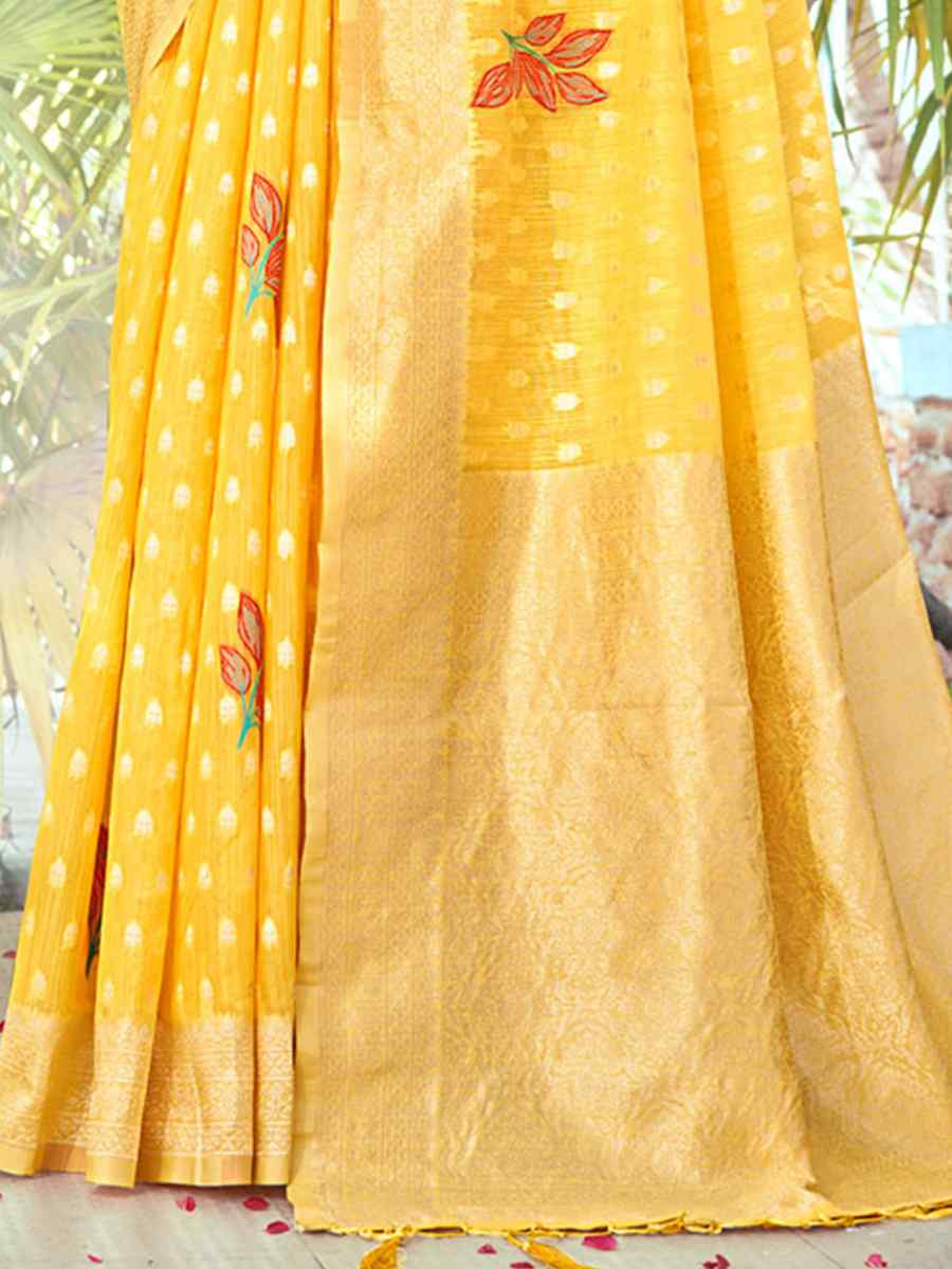 Yellow Cotton Handwoven Wedding Festival Heavy Border Saree