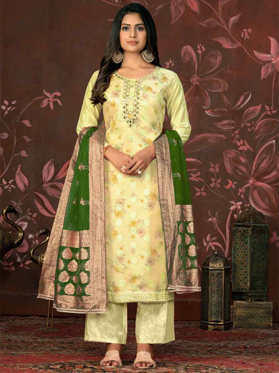 Yellow Cotton Jacquard Embroidered Casual Festival Pant Salwar Kameez