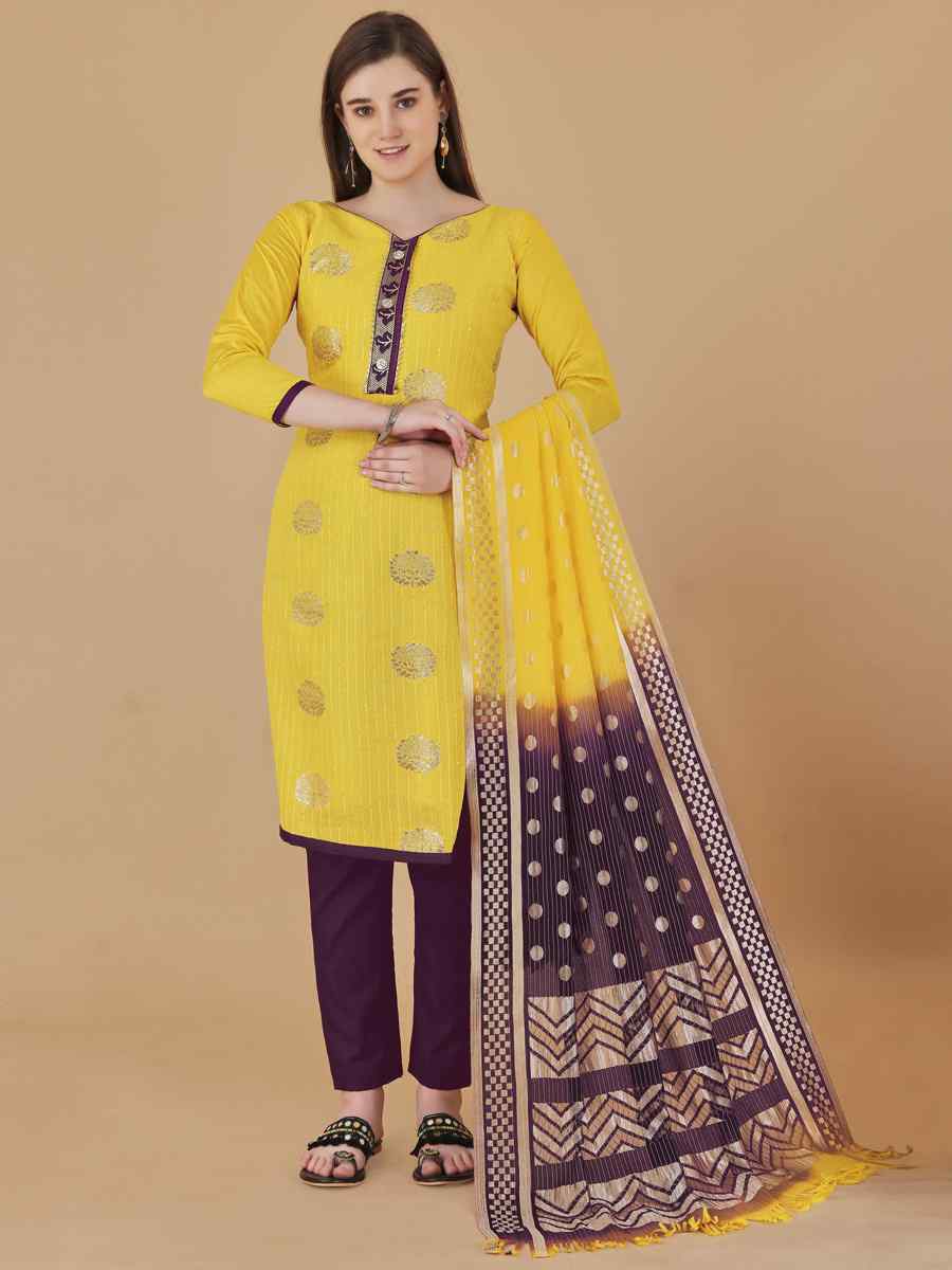 Yellow Cotton Jacquard Handwoven Casual Festival Pant Salwar Kameez