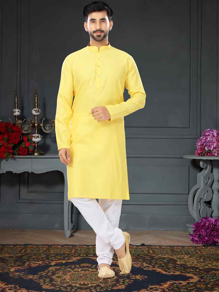 Yellow Cotton Jecquard Printed Festival Party Kurta