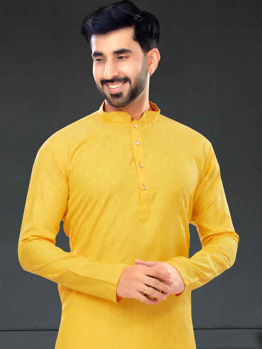 Yellow Cotton Jecquard Printed Festival Party Kurta