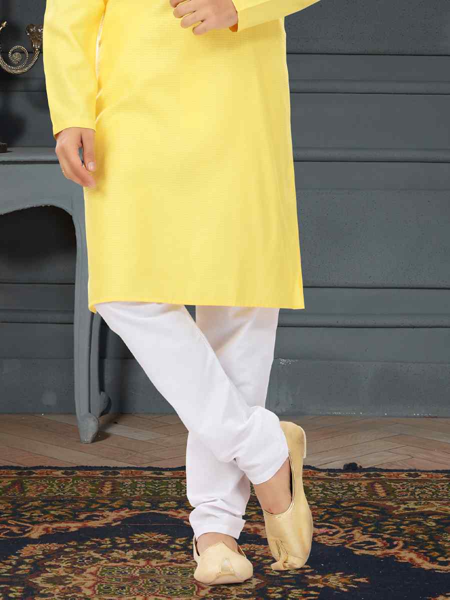 Yellow Cotton Jecquard Printed Festival Party Kurta