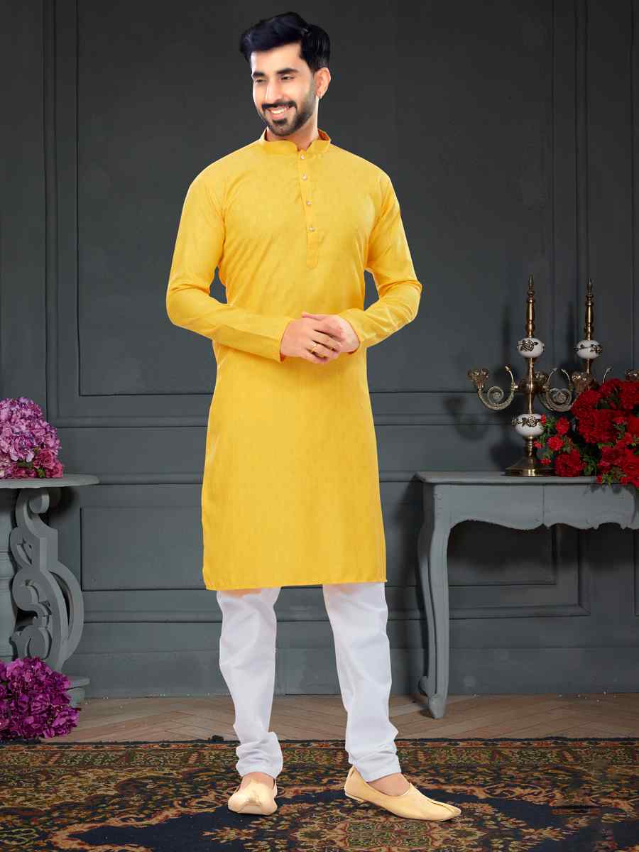 Yellow Cotton Jecquard Printed Festival Party Kurta