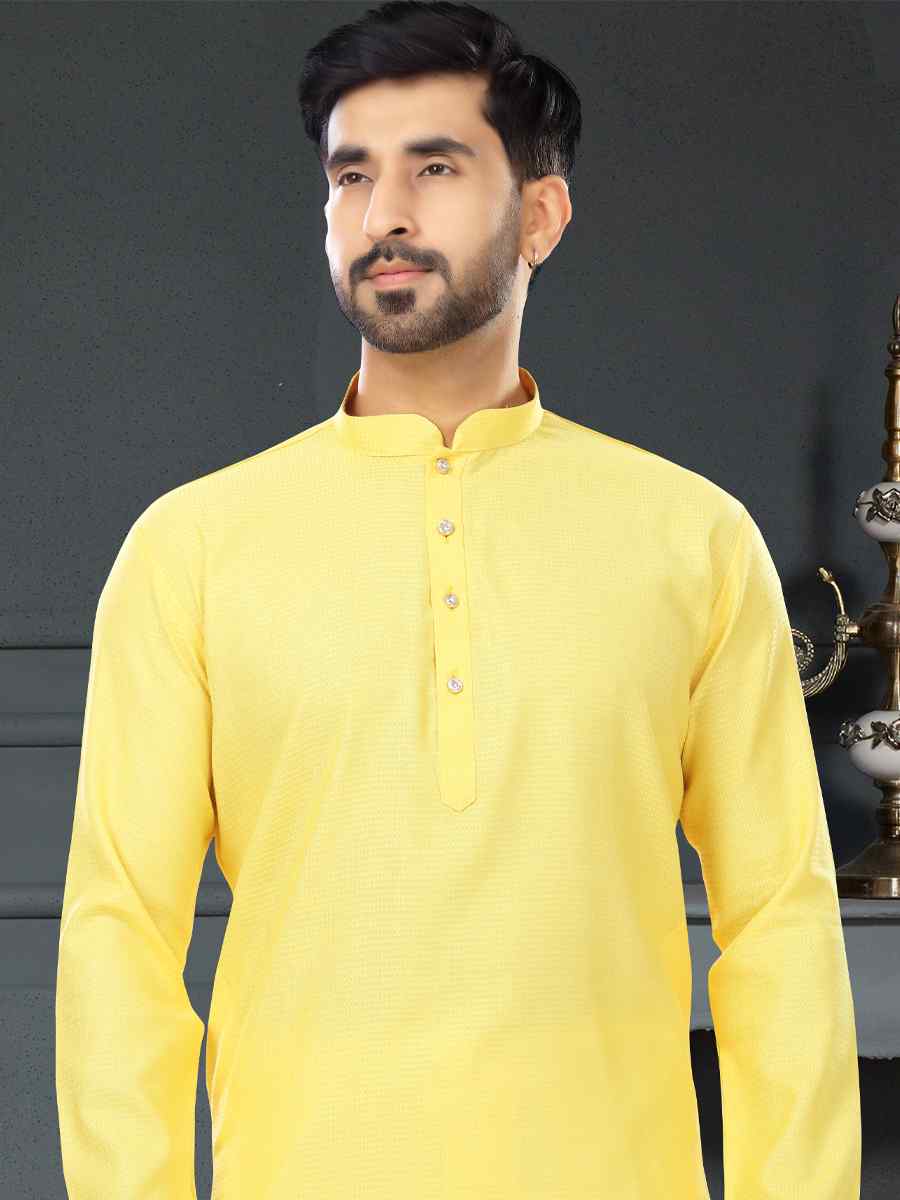 Yellow Cotton Jecquard Printed Festival Party Kurta