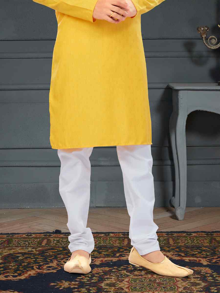 Yellow Cotton Jecquard Printed Festival Party Kurta